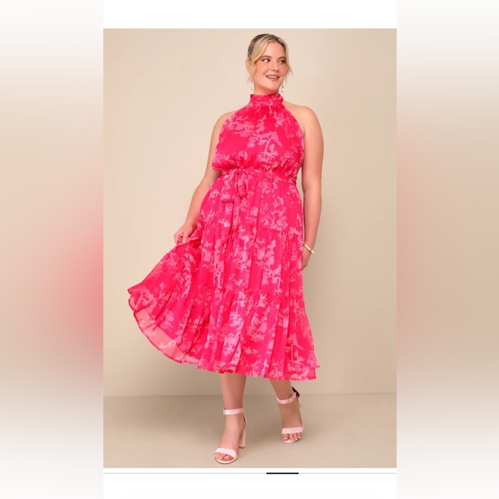 Lulu's Vibrant Pink Floral Midi Dress